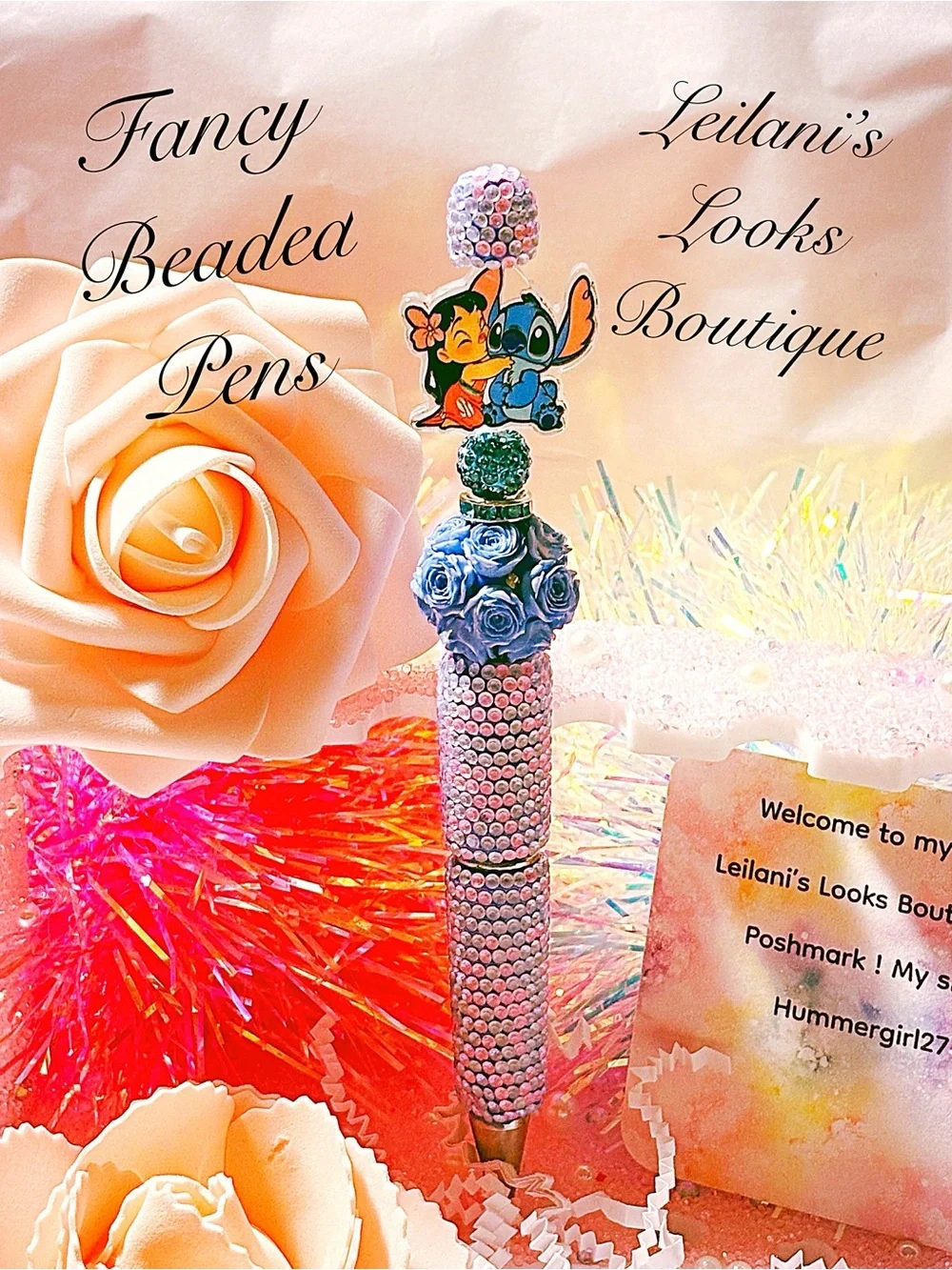 Stitch beaded pen with blue roses and a Stitch figurine on top/Fancy beaded Pen/